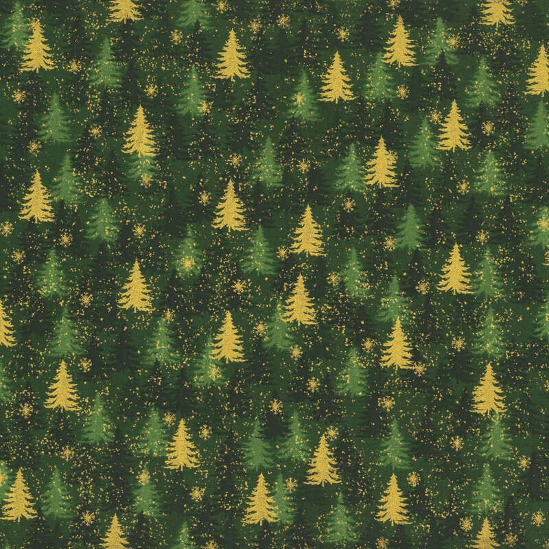 Rich green fabric with tonal, green, and gold metallic pine trees.