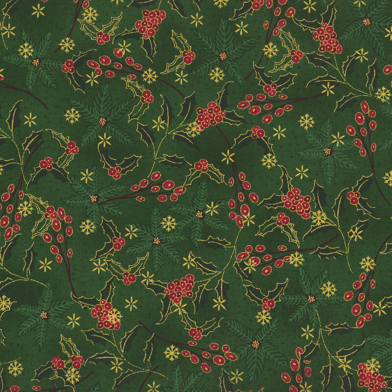 Rich green fabric with red berries, tonal holly and poinsettias, and gold metallic snowflakes.