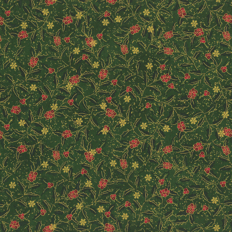 Rich green fabric with tonal holly, red berries, and gold metallic snowflakes.