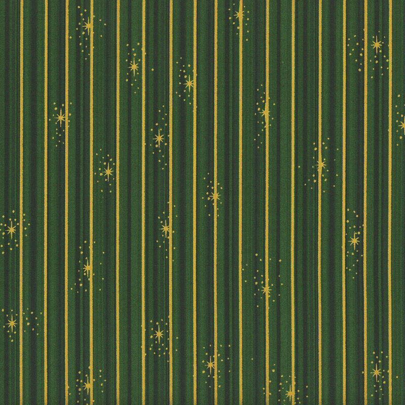 Rich green fabric with tonal and gold metallic stripes.