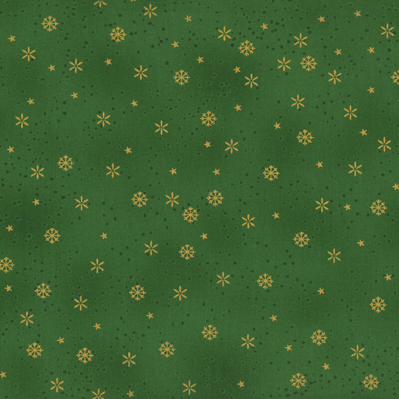 Mottled green fabric with gold metallic snowflakes.