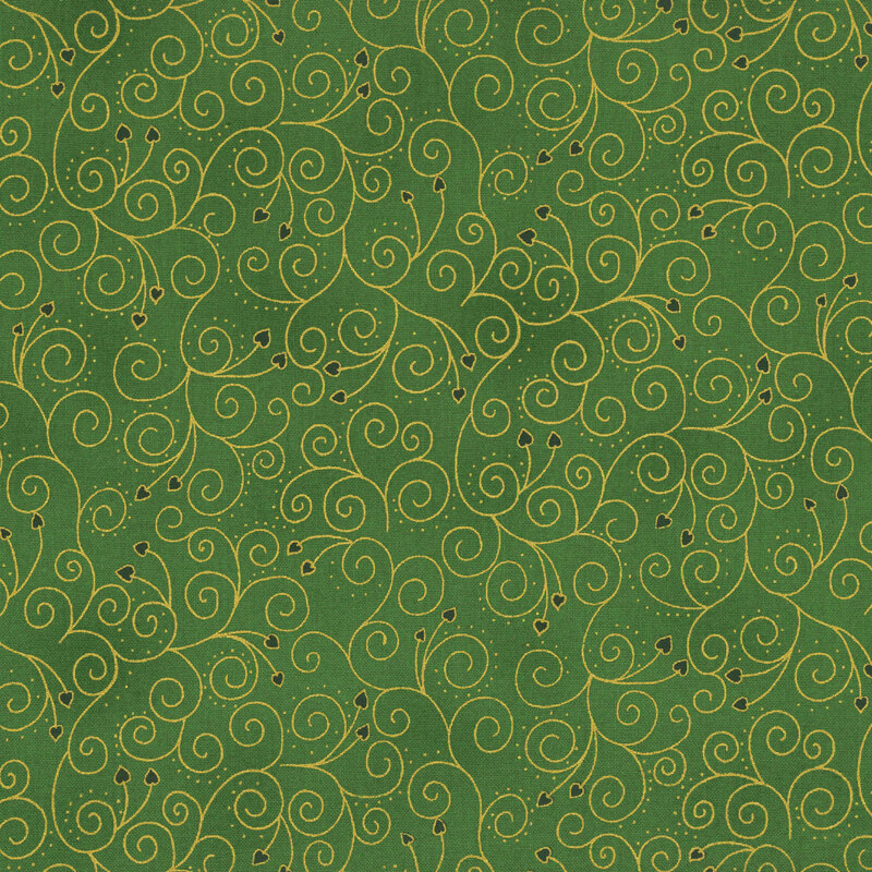 Mottled green fabric with scrolling gold metallic vines and tonal hearts.