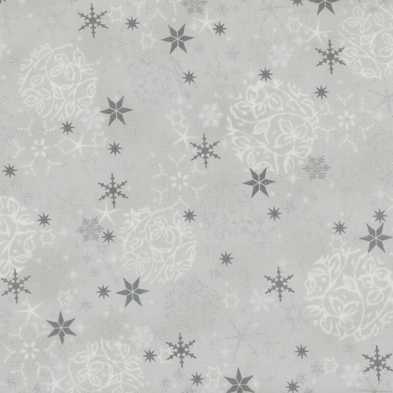 Light gray fabric with silver metallic accents on tonal and silver snowflakes.