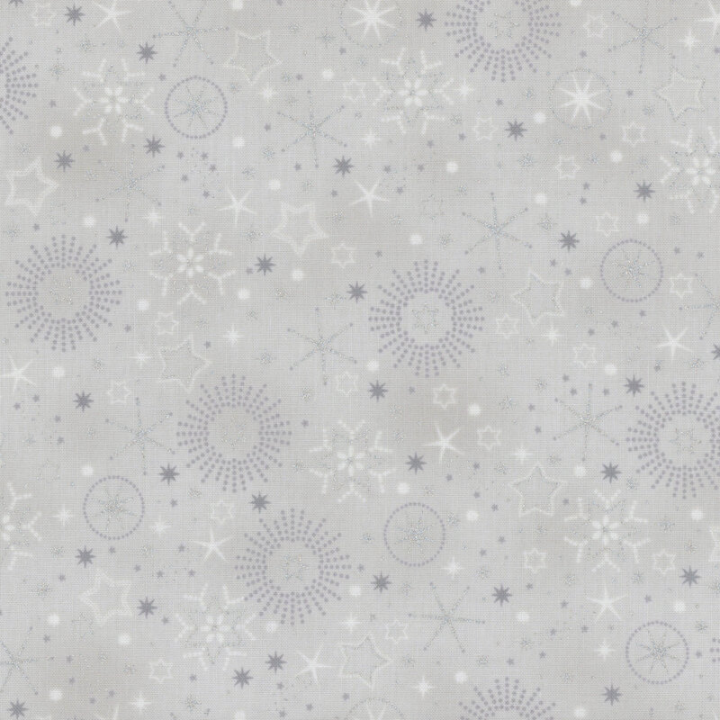 Mottled light gray fabric with tonal and silver metallic snowflakes and stars.