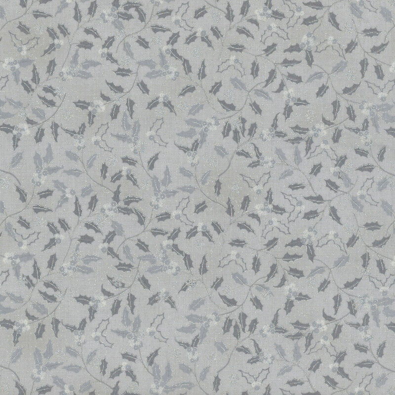 Mottled light gray fabric with tonal holly leaves and silver metallic accents.