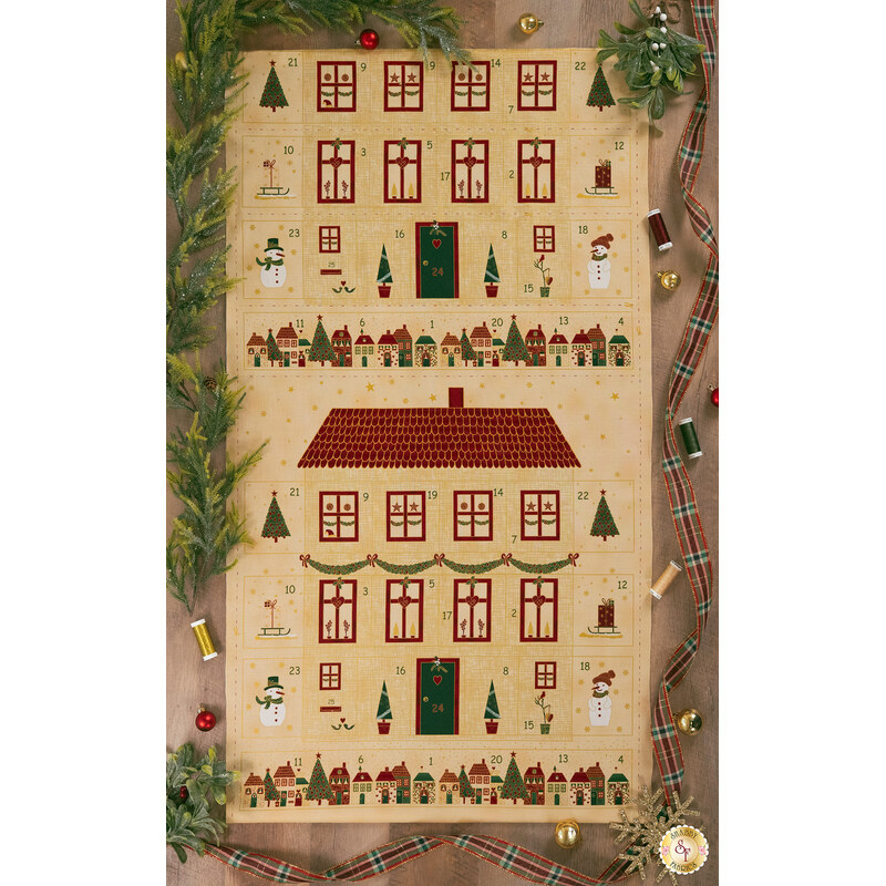 A top down shot of the panel, staged with coordinating thread and decor, demonstrating color, print, and metallic details.