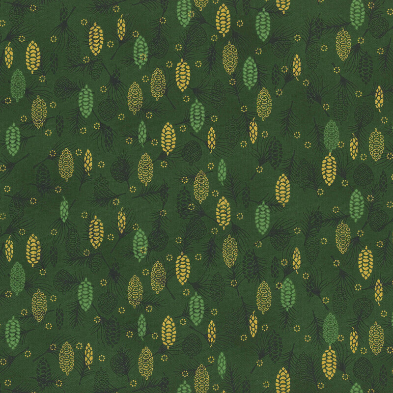 Rich green fabric with tonal, green, and gold metallic pine cones and branches.