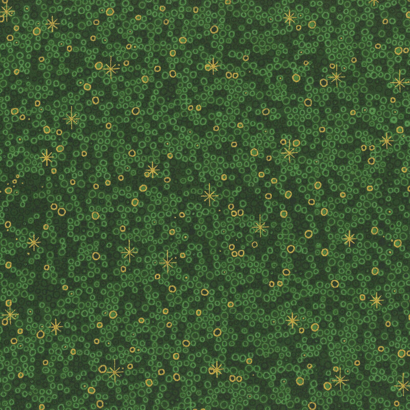 Rich green fabric with tonal and gold metallic circles, dots, and stars.