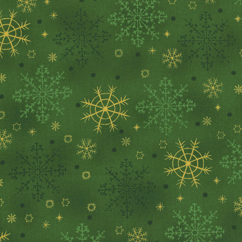 Mottled green fabric with large tonal and gold metallic snowflake designs.