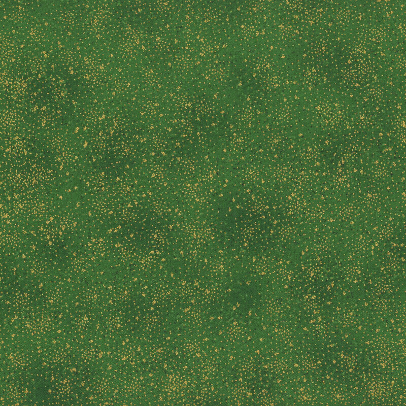 Mottled green fabric with gold metallic stipple dots.