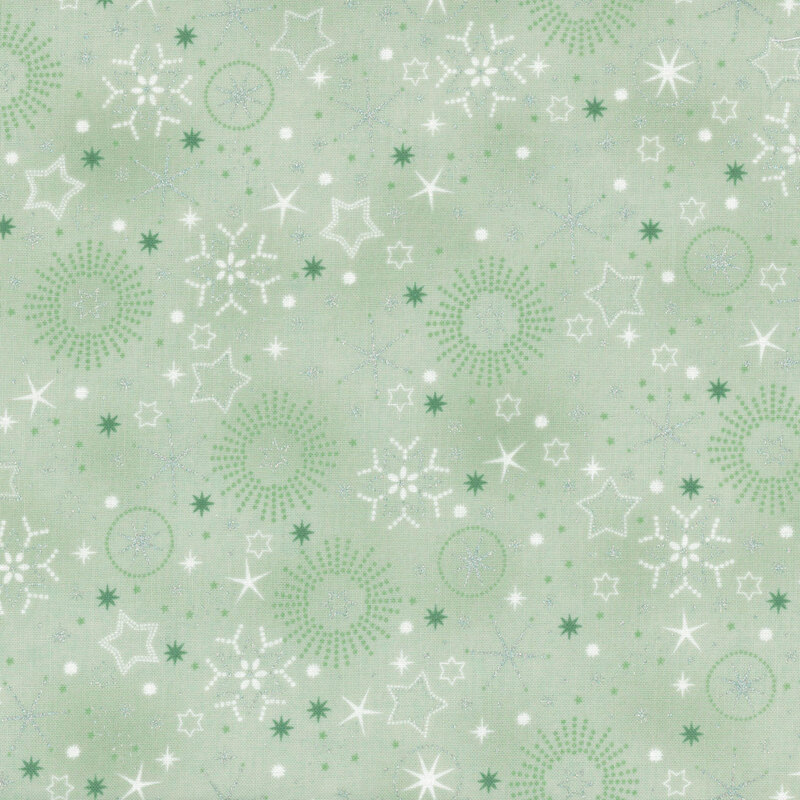 Mottled light green fabric with silver metallic stars and snowflakes.