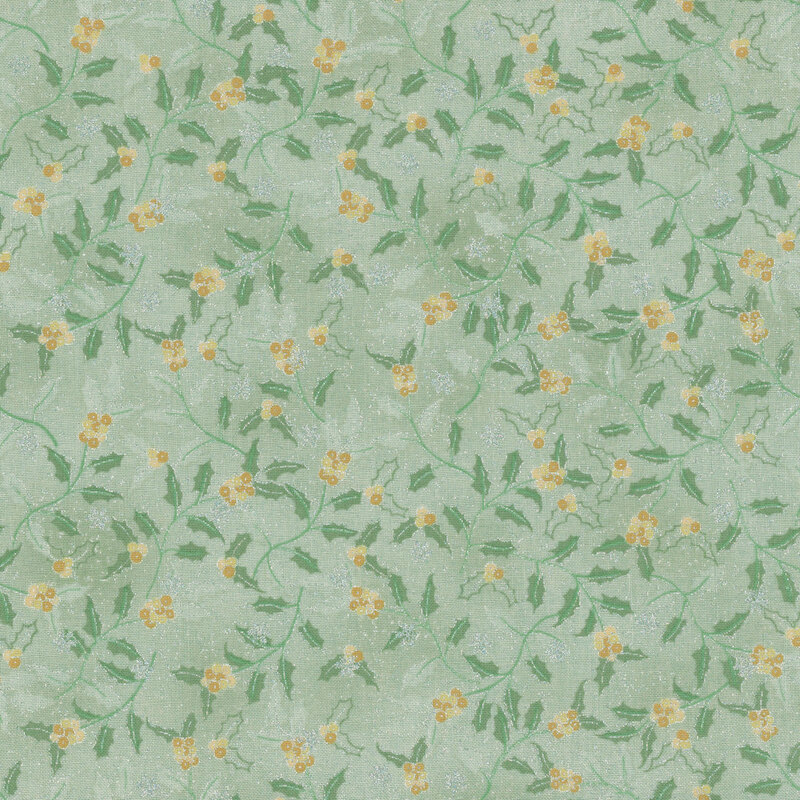 Mottled light green fabric with silver metallic accents across holly leaves and golden berries.