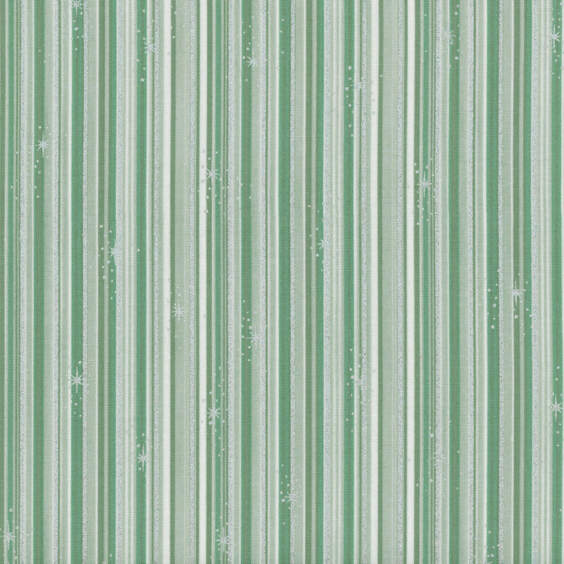 Mottled light green fabric with tonal, sage green, and silver metallic stripes.