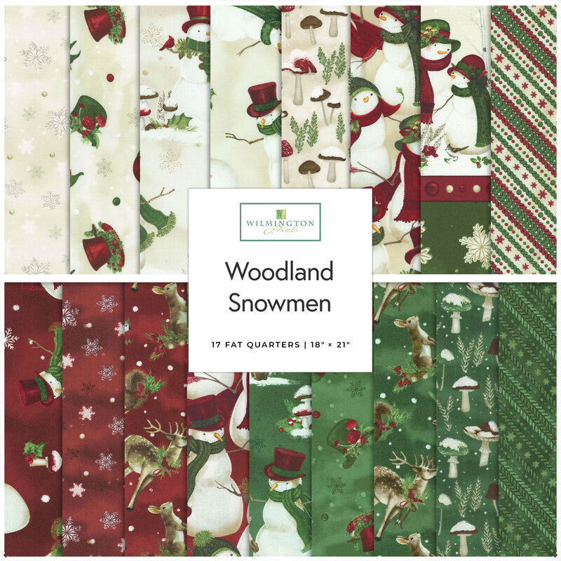 A stacked collage of fabric squares in red, cream, and green featuring woodland snowmen and festive patterns.
