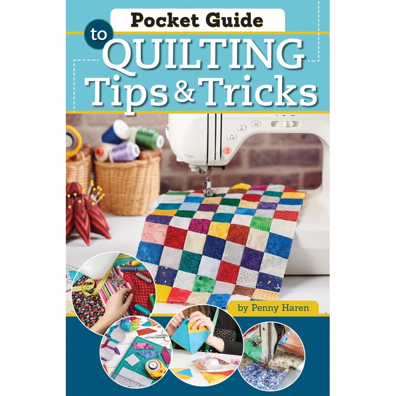 Front cover of the pocket guide book, featuring a patchwork on a sewing machine.