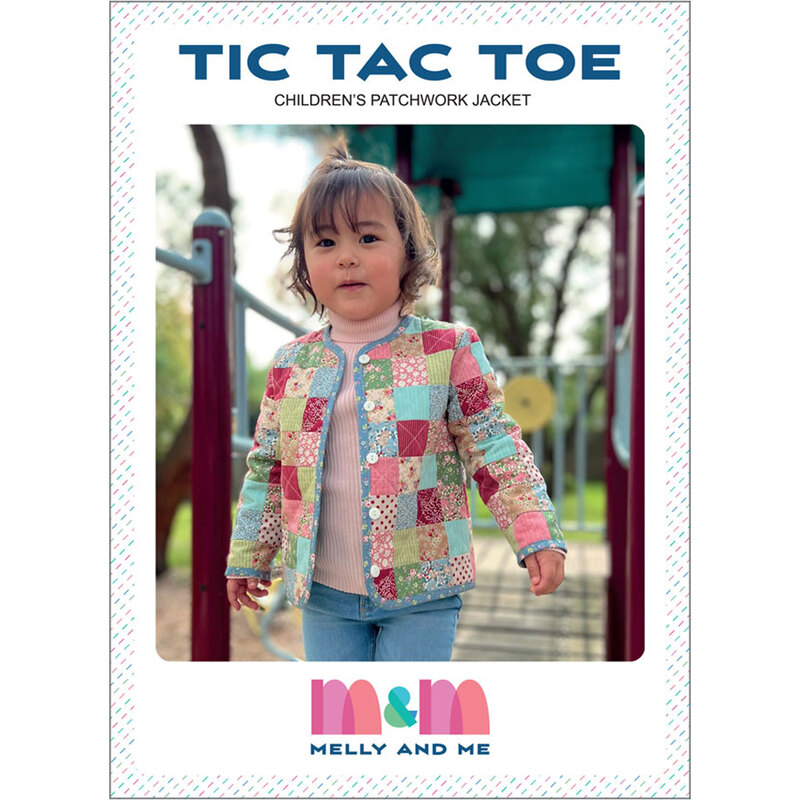 Front of the pattern featuring a young girl in a colorful patchwork jacket 