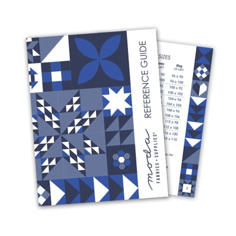 Cover of a blue and white reference guide by Moda, featuring quilt pattern samples and size chart.