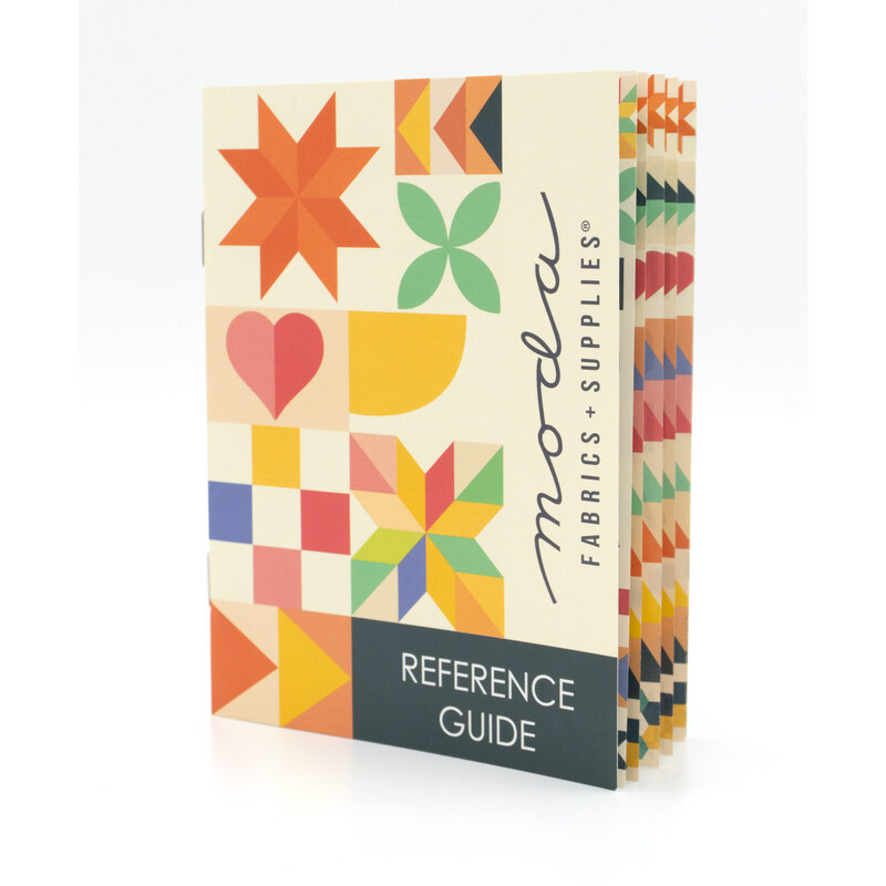 Cover of reference guide by Moda, featuring quilt pattern samples and size chart.
