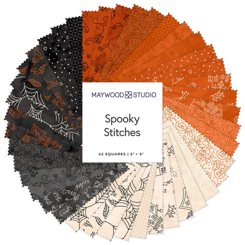 A circular display of fabric squares in black, orange, and cream, labeled Spooky Stitches.