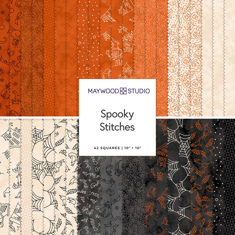 Fabrics in shades of orange, black, and cream with Halloween patterns, labeled Spooky Stitches.