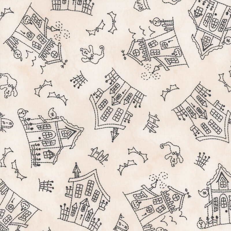 Repeating pattern of whimsical haunted houses, bats, ghosts, and tombstones on a light background.