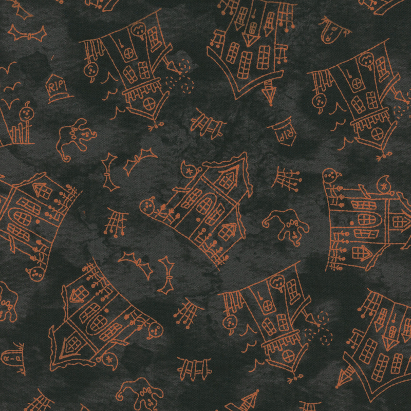 Pattern of orange whimsical houses and bats on a dark, textured background.