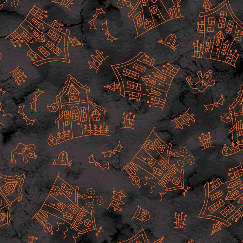 Pattern of orange whimsical houses and bats on a dark, textured background.