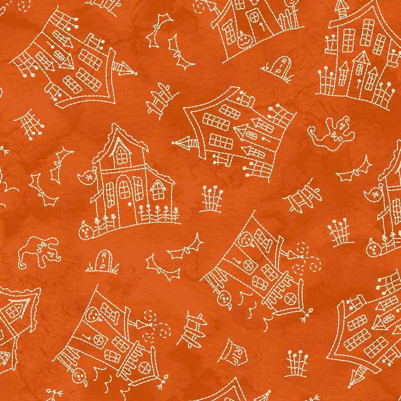 An orange background features whimsical white sketches of haunted houses, bats, and other Halloween motifs.