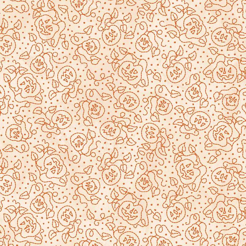 A repeating pattern of orange outlined roses and leaves on a light beige background.