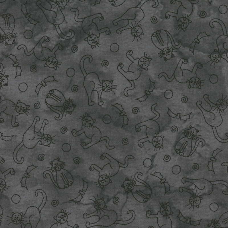 Pattern of playful cat illustrations on a dark gray background with swirling lines and bats.