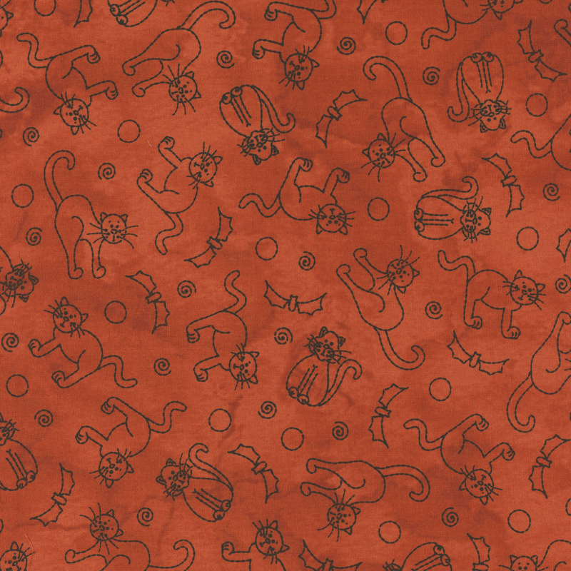 Orange background with black line drawings of cats, pumpkins, and swirls in a repeating pattern.