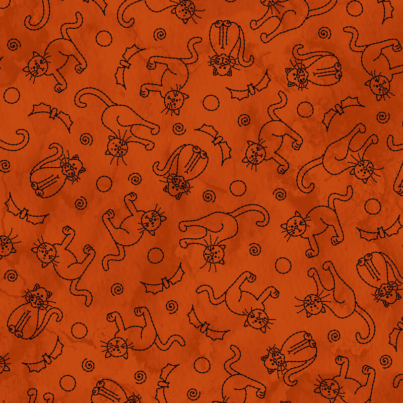 Orange background with black line drawings of cats, pumpkins, and swirls in a repeating pattern.