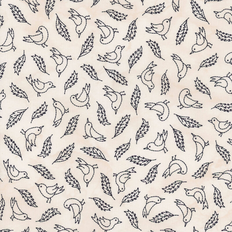  Seamless pattern of black line drawings of birds and leaves on a beige background.