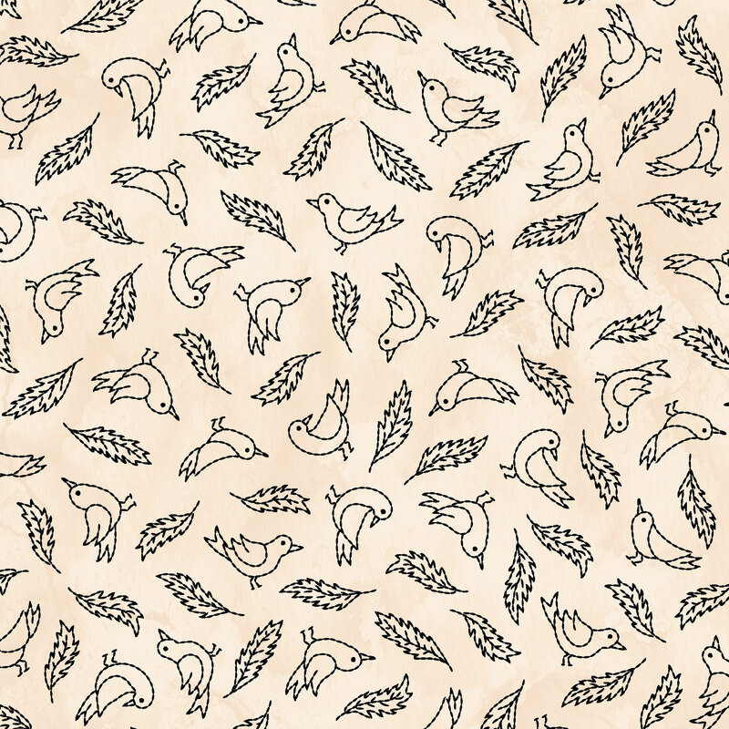 Seamless pattern of black line drawings of birds and leaves on a beige background.