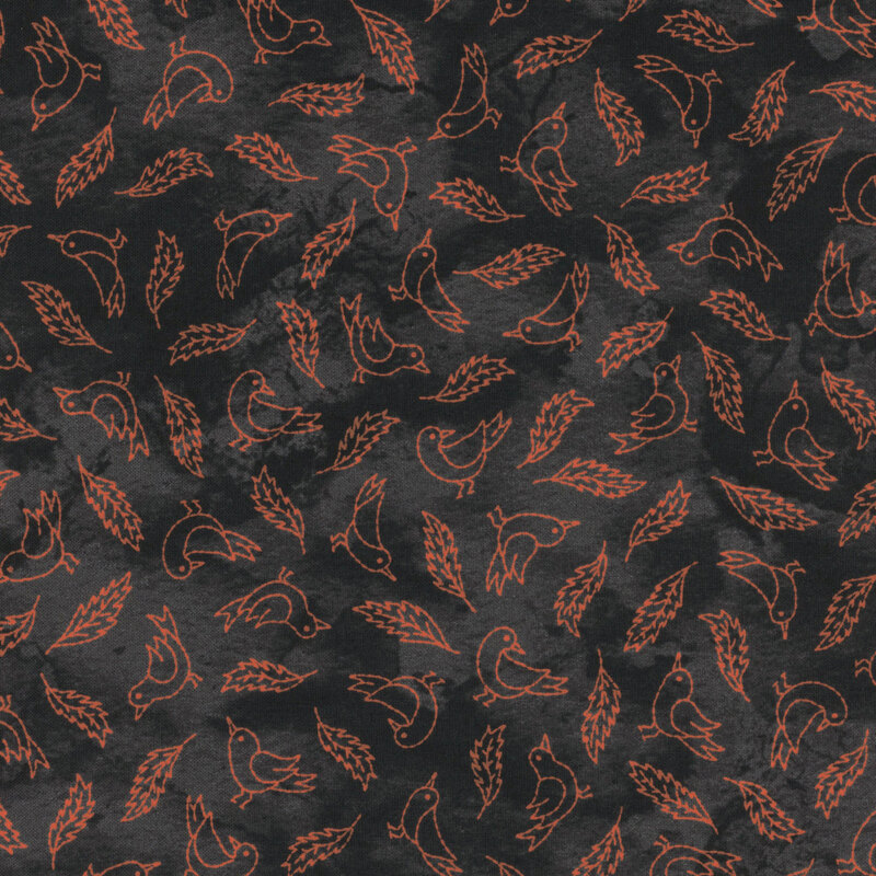 Black fabric with a repeating pattern of orange birds and leaves.