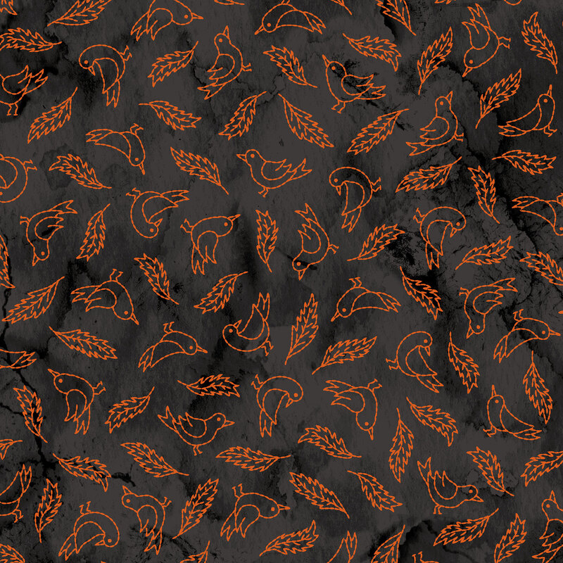 Black fabric with a repeating pattern of orange birds and leaves.