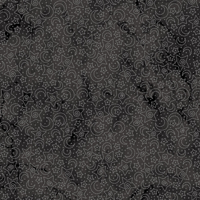 Pattern of stars and crescent moons in a dark gray background. Simple, whimsical design.