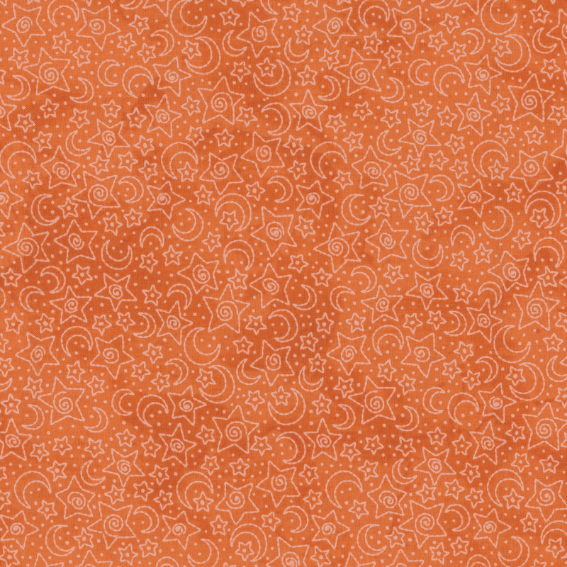 Orange background with white outlined stars, moons, and swirls in a repeating pattern.