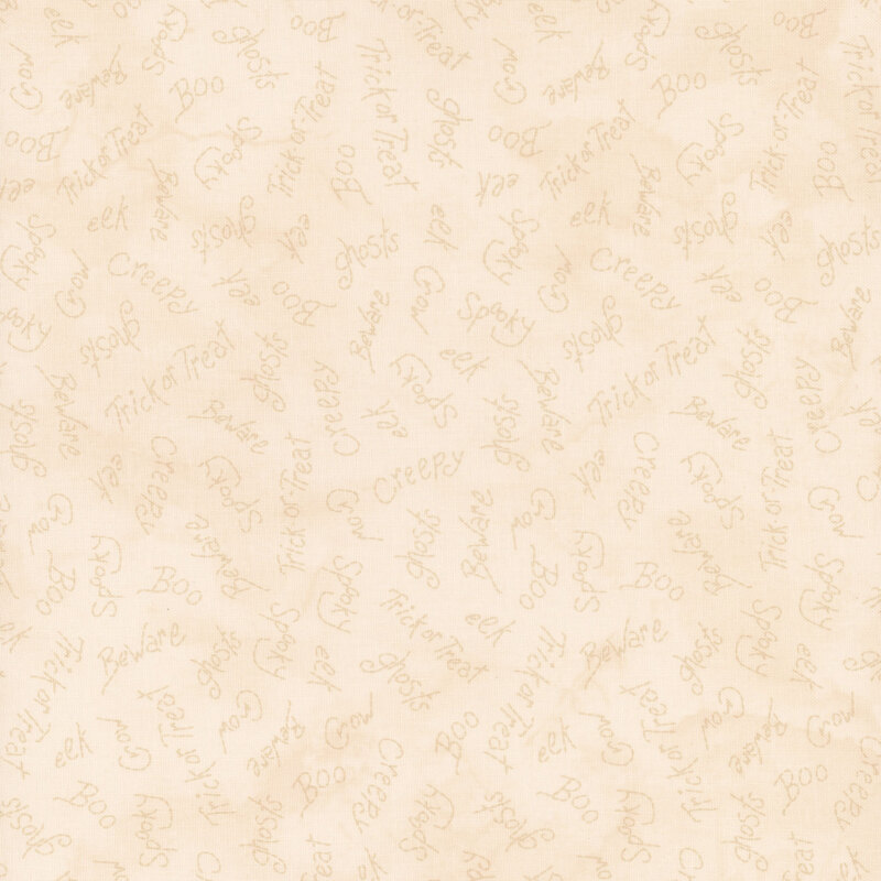 Light beige background with faint, repeated phrases related to Halloween like Boo and Trick or Treat.