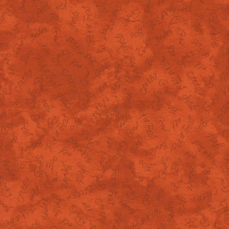 Textured orange background with subtle, repeating phrases in a lighter shade of orange.