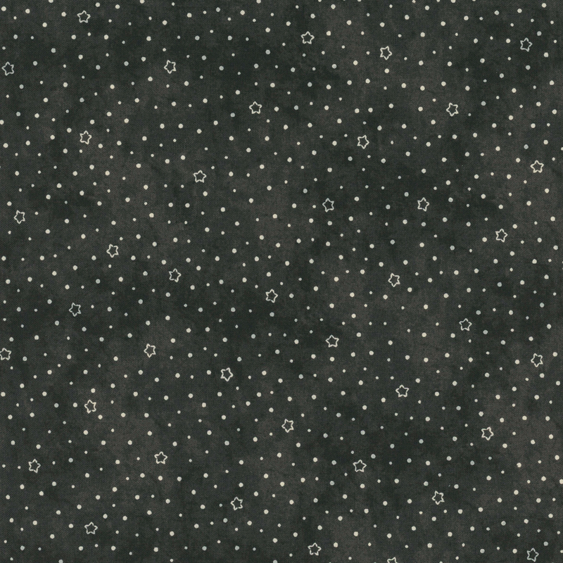 Seamless black background pattern featuring gold stars and dots.