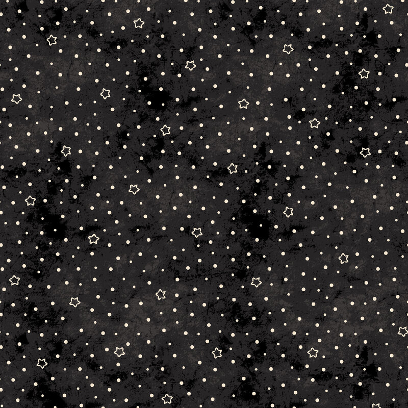 Seamless black background pattern featuring gold stars and dots.