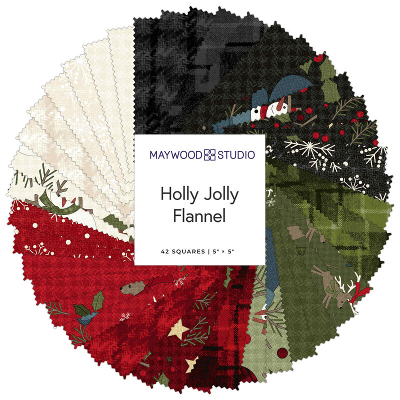 A circular arrangement of fabric squares in festive colors and patterns with a central label stating Holly Jolly Flannel by Maywood Studio.