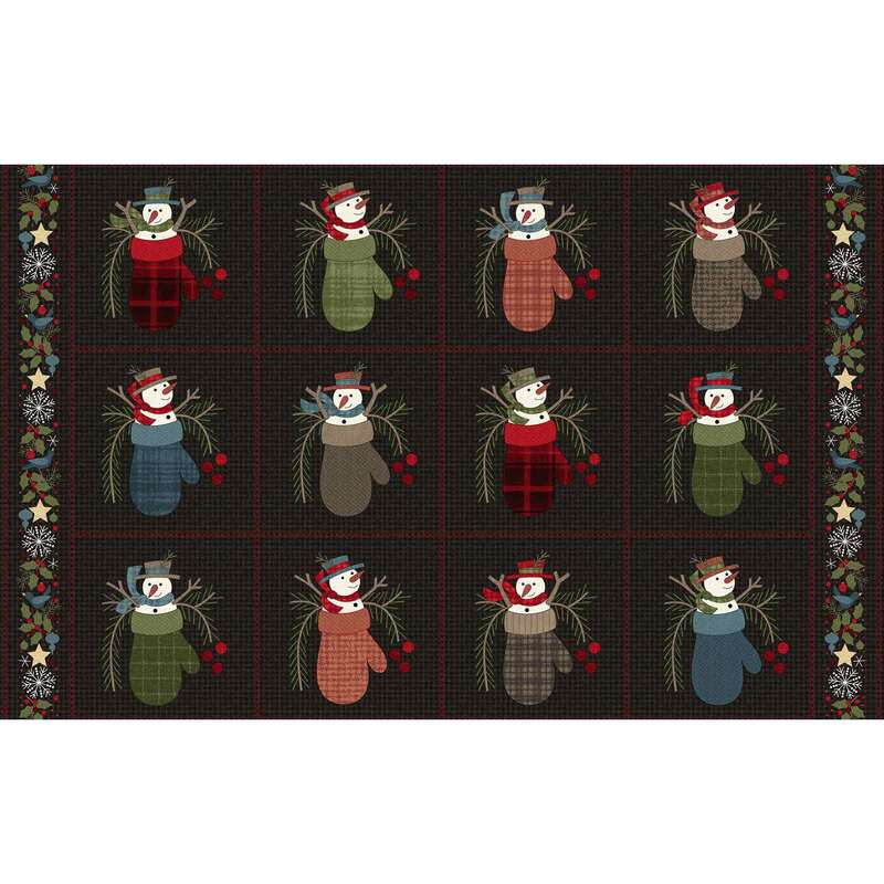 A pattern of twelve snowmen in colorful hats and scarves, arranged in a grid on a dark background.