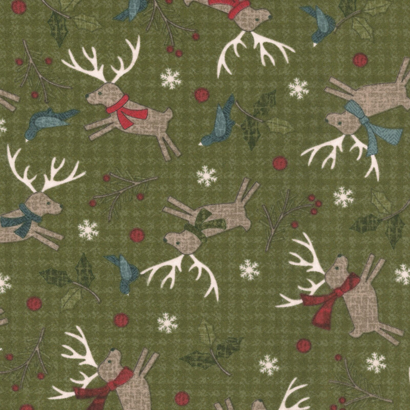 Pattern featuring reindeer with antlers, birds, and holly on a green background.