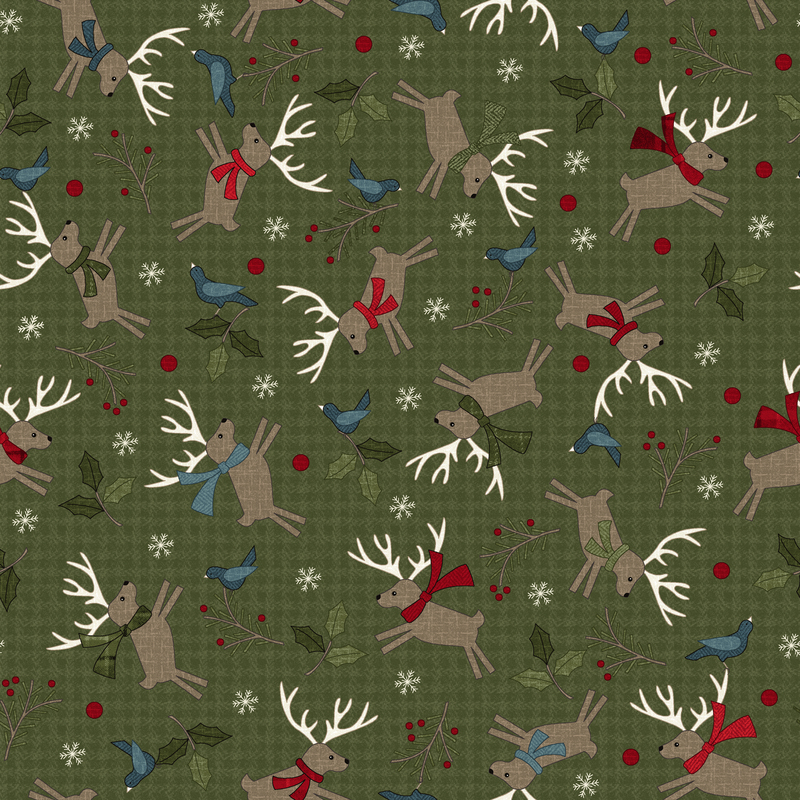 Pattern featuring reindeer with antlers, birds, and holly on a green background.