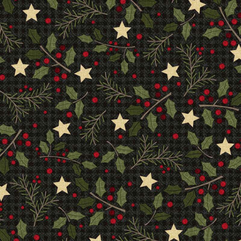 Dark fabric pattern featuring green holly leaves, red berries, and cream-colored stars.