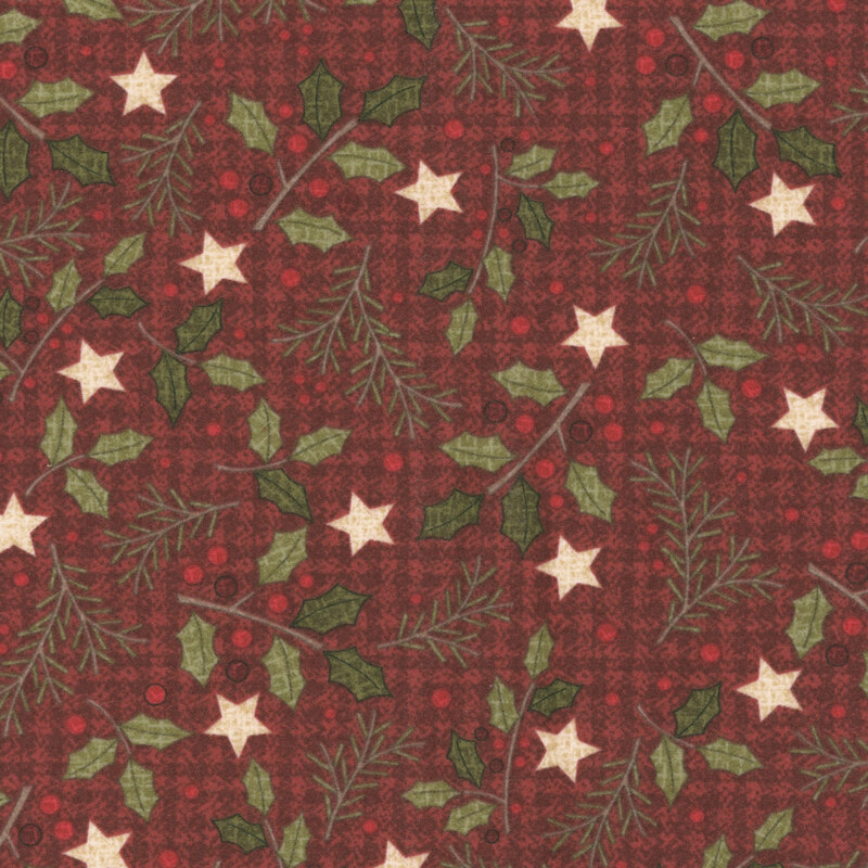 Red and green festive pattern featuring holly leaves, branches, and cream-colored stars.