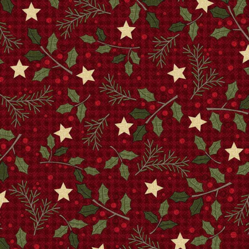 Red and green festive pattern featuring holly leaves, branches, and cream-colored stars.