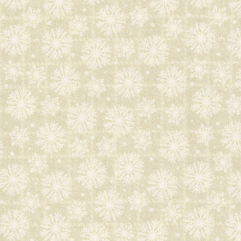Light beige background featuring a pattern of white snowflakes and dots.